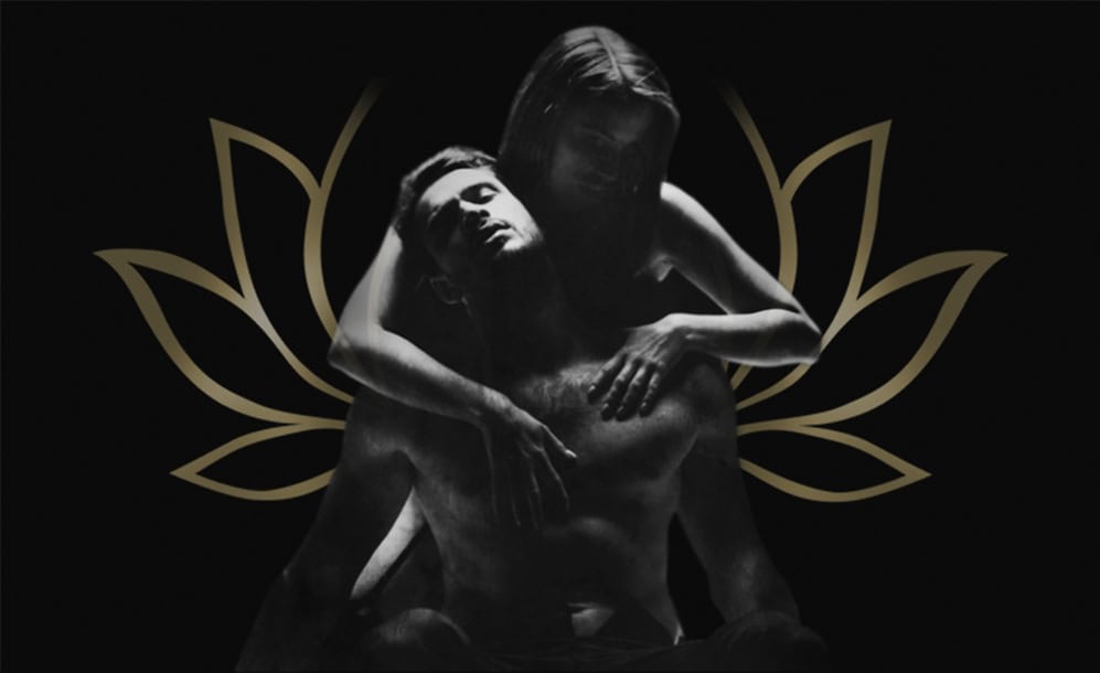 Pareja abrazada con fondo de flor dorada